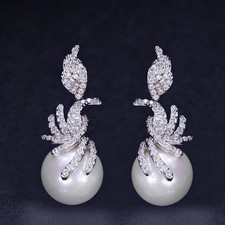 Silver Plated Cubic Zirconia Pearl Dangle Drop Earrings for Women Bridal Jewelry