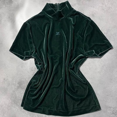 Courreges Green Velour Logo Embroidered High Neck Top Size 9