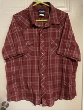 Wrangler Western Shirt Mens Size XXL Pearl Snap Maroon Red Plaid Short Sleeved
