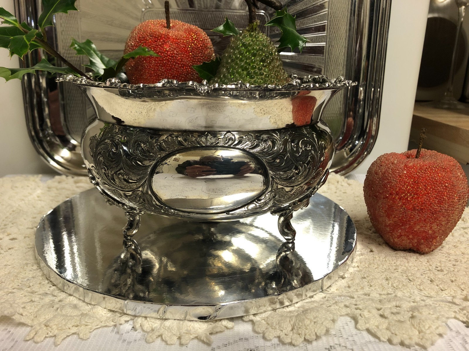 Vintage Silver Plate Decorative Floral Chased Serving Bowl On three Ornate Feet
