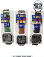 Casio AE‑1200WHL World Time Digital Watch Leather Strap Green Brown Black WR