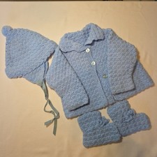 Baby Boy Blue Knit Pram Set 3pc Cardigan Bonnet Booties Heirloom Style 3-6M