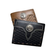 Mens Leather Wallet Basketweave Cowboy Cross Concho Stitched Inlay