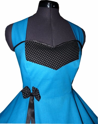 Tanzkleid türkis mit Punkteband schwarz weiße Punkte zum Petticoat Jugendweihe - Bild 3 von 5