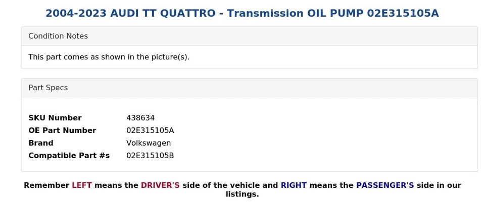 2004-2023 AUDI TT QUATTRO - Transmission OIL PUMP 02E315105A - Image 3 of 3