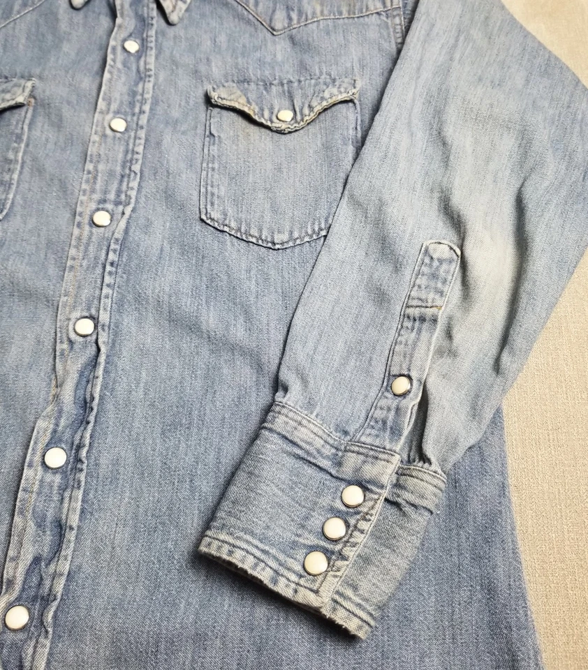 De Colección Maverick Azul Campana Perla Camisa Denim Vaquero Occidental EE. UU. 60 Talla M Foto 3 de 4