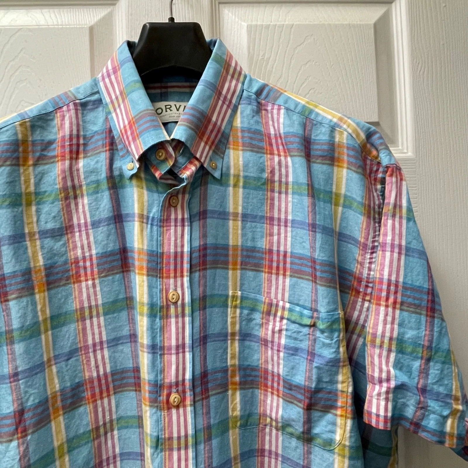 Orvis Men's XLarge Multicolor Plaid Linen/Cotton Short Sleeve Button Up Shirt