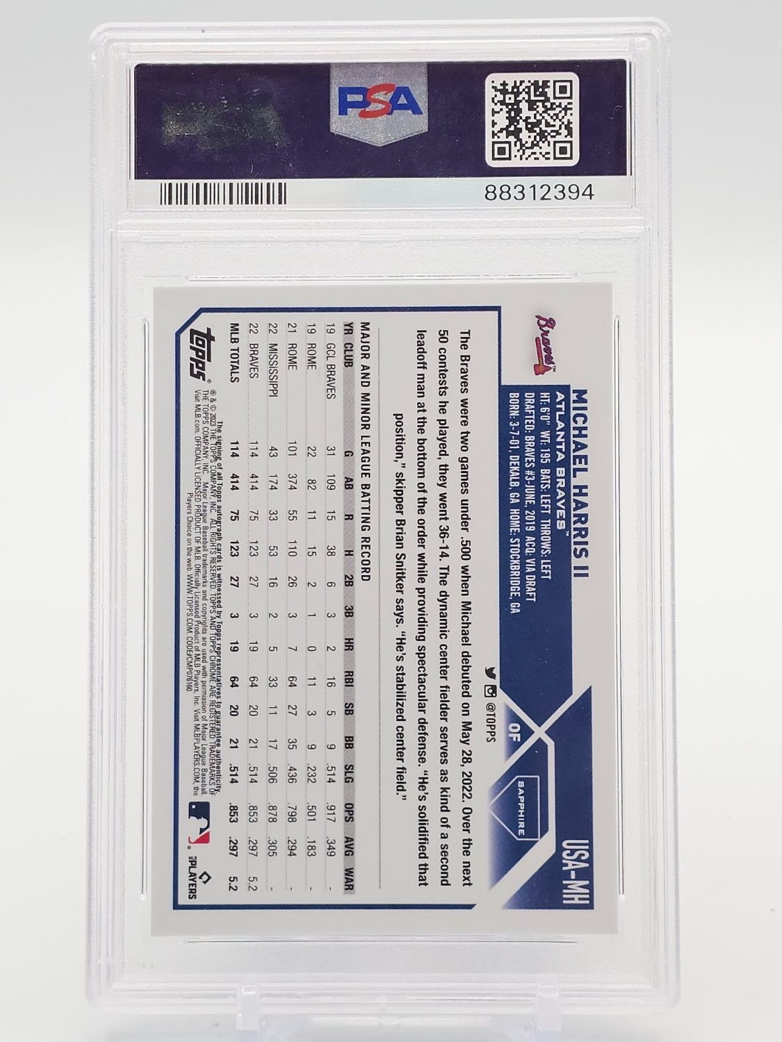 MICHAEL HARRIS II 2023 TOPPS CHROME ROOKIE SAPPHIRE GOLD AUTO /50 PSA 10 Q6438 view 2