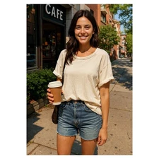 We The Free OB1317946 Gardenia Raw Edge Tee Cream Size M NWT Oversized Soft Boho