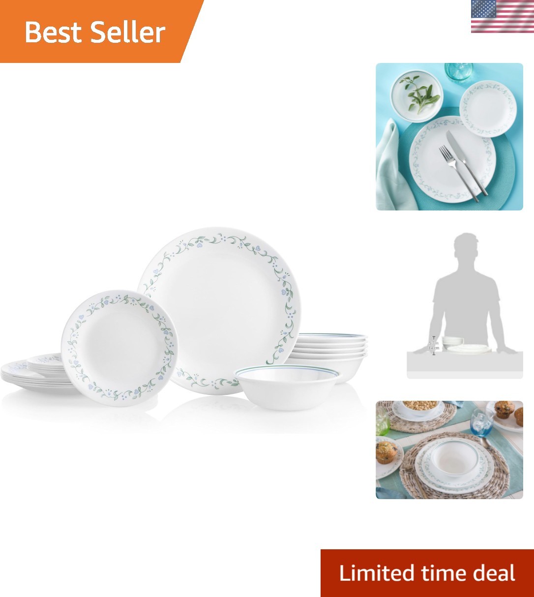 Vitrelle 18-Piece Service for 6 Dinnerware Set Triple Layer Glass and Chip Re...