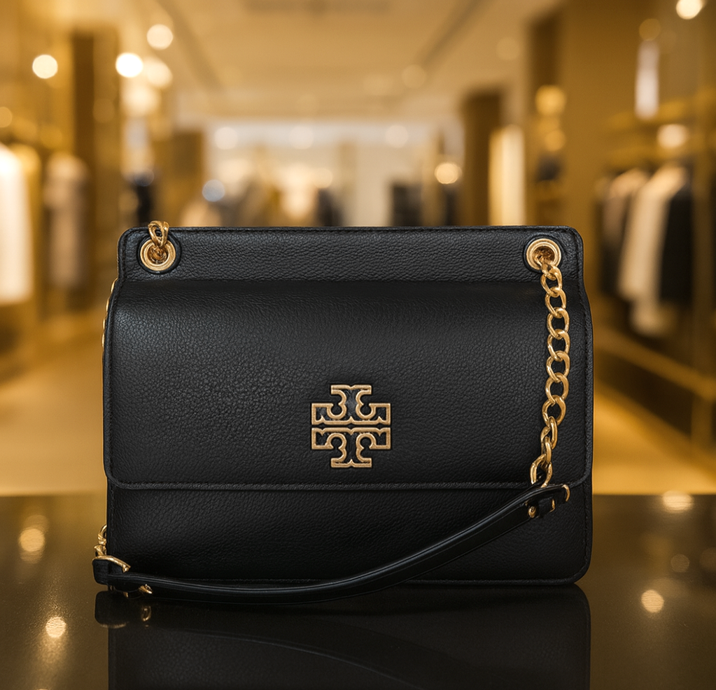 NEW Tory Burch Britten Black Pebbled Leather Flap Shoulder Bag