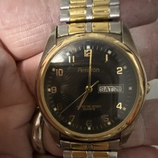 Armitron Men's Quartz Wristwatch Gold Silver Metal Band Black Dial Day/Date Wat  