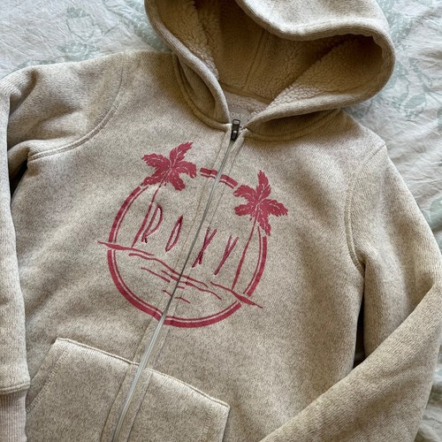 Roxy Girls Full Zip Hoodie 10/12 M beige Pink Logo fuzzy hood thick jacket - Picture 2 of 7