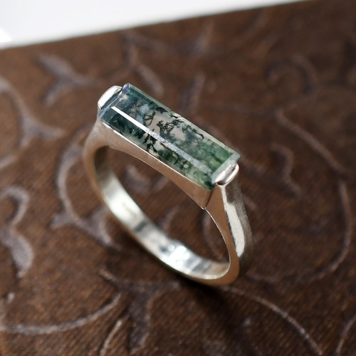 Natural Moss Agate Ring Sterling Silver Ring Solitaire Ring Rectangle Bar Ring - Picture 4 of 4