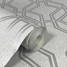 Geometric Trellis Metallic Silver Grey Feature Rasch Highgrove Wallpaper Roll