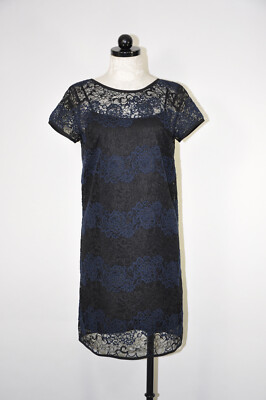 Ann Taylor LOFT Navy Blue Black Sheer Striped Floral Lace Shift Dress Women 6
