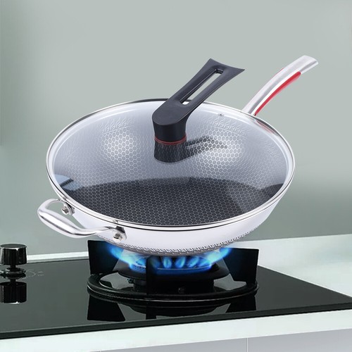 34cm Stainless Steel Non Stick Wok Pan With Lid Double-sided Honeycomb - Picture 12 of 13