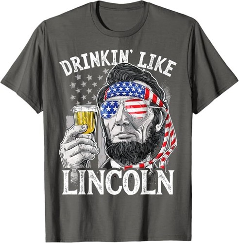 Drinking Like Lincoln 4th of July Men Abraham Merica Flag T-Shirt - Picture 6 of 8