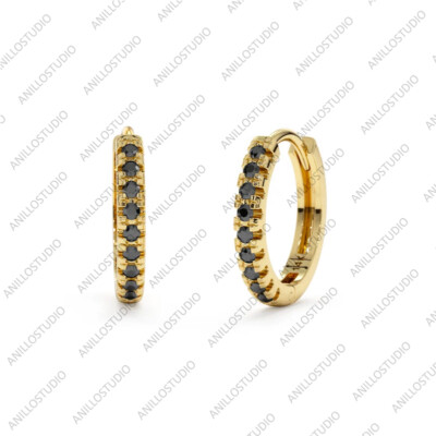 Genuine Pave Black Diamond Minimal Hoop Earrings In 14k Solid Yellow Gold Fine