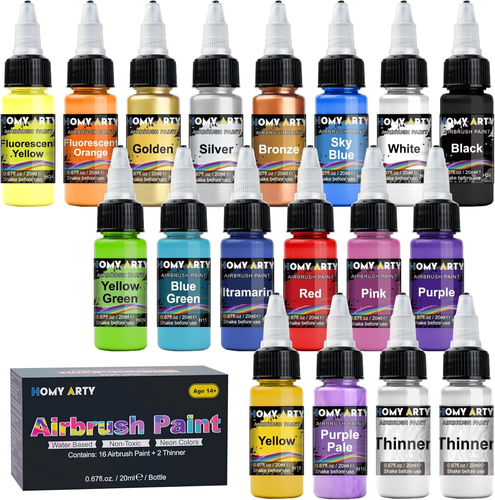 Colori per Aerografo, 16 Colori Acrilici + 2 Diluenti per Aerografo per Fai Da T