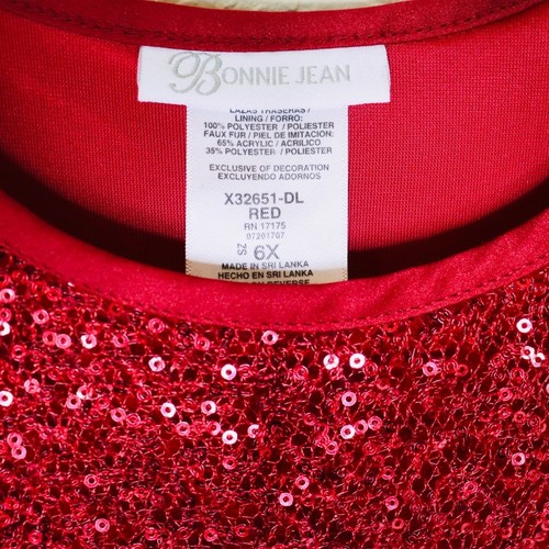 Bonnie Jean Dress Girls Size 6X Red White Sequins Bodice Dress Fur Accents - Picture 8 of 8
