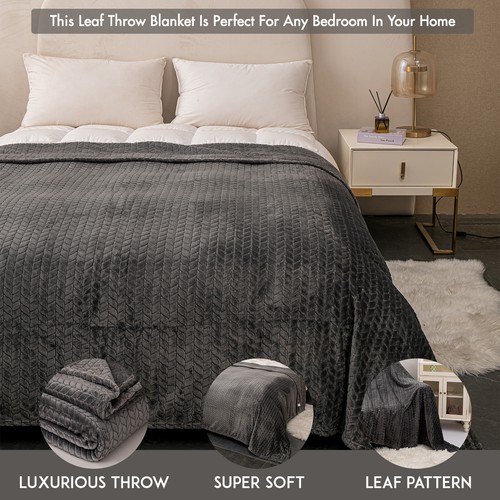Luxury Throw Blanket Soft Cosy Leaf Pattern Fleece Sofa Travel Throw Double King - Picture 6 of 43