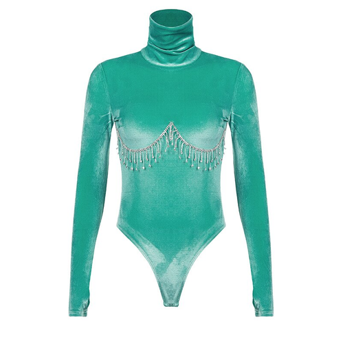 Crystal Velvet Bodysuit Festival Dancer Stage Turtleneck Bling Tassel Leotard - Picture 13 of 16