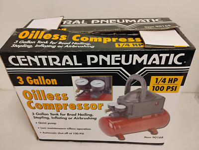 Central Pneumatic 3 gallon Oilless Compressor 90168 1/4,100psi - New Old Stock