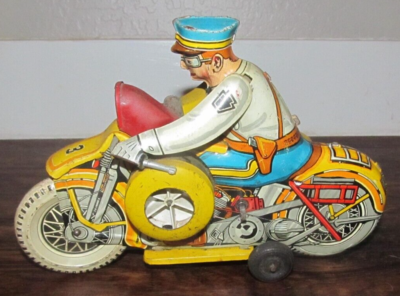 Vintage 1950's Police Motorcycle w/ Side Car Wind up Tin Toy #3