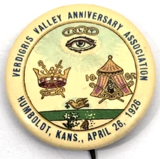 1926 Order of The Odd Fellows Pinback Button Verdigris Valley Humboldt Kansas