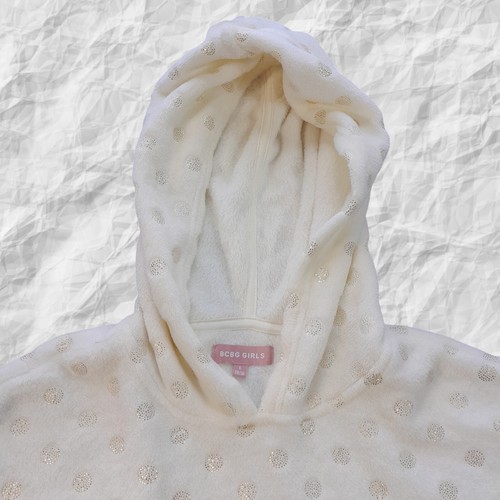 BCBG hooded sweater Girl's L (14/16)ivory+gold circle print/fleece shell+lining - Picture 2 of 10