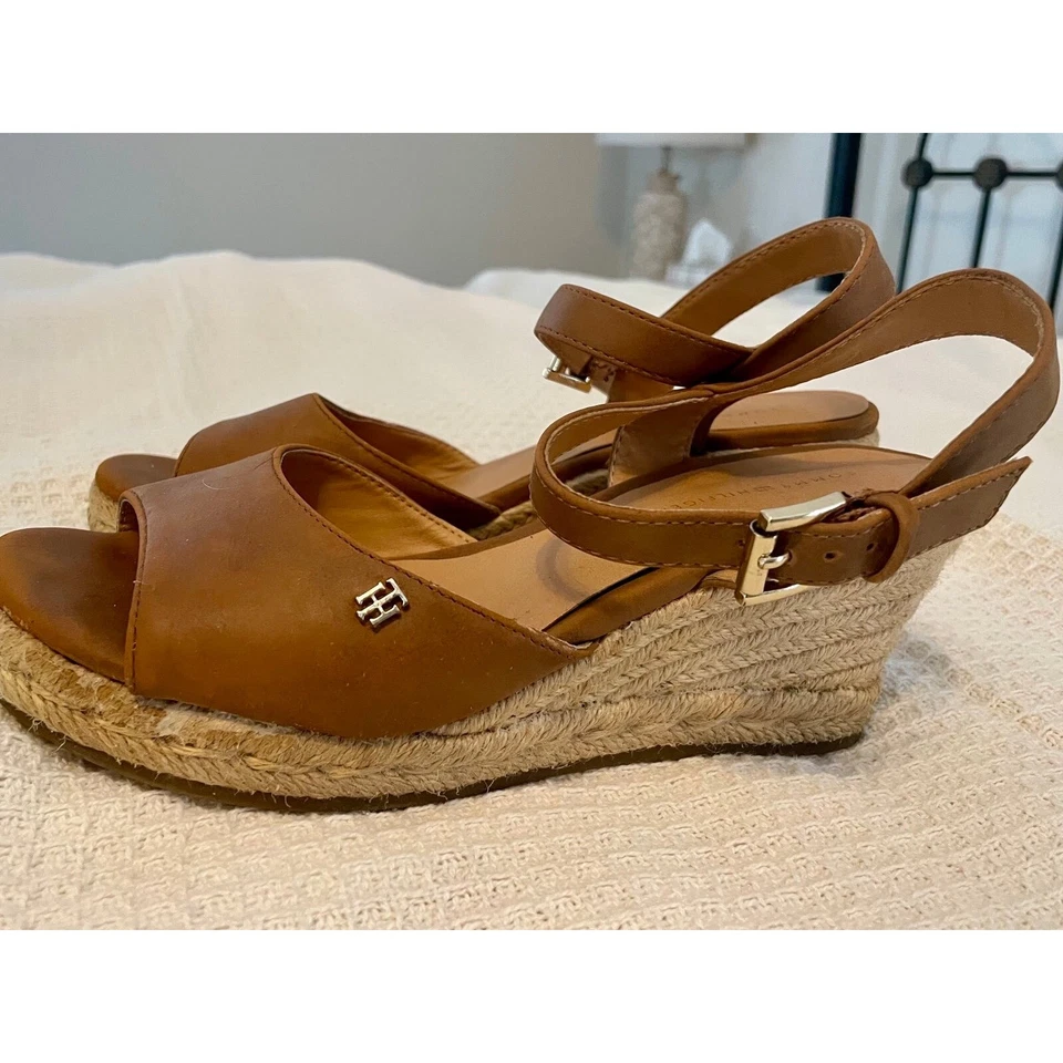 Tommy Hilfiger Sandalias de Cuero Tostado 6 Cuñas de Yute Correa al Tobillo Informal Verano Foto 3 de 4