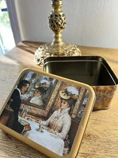 Vintage English Breakfast Couple At Tea Tin Metal Box Impressionist Art Painting