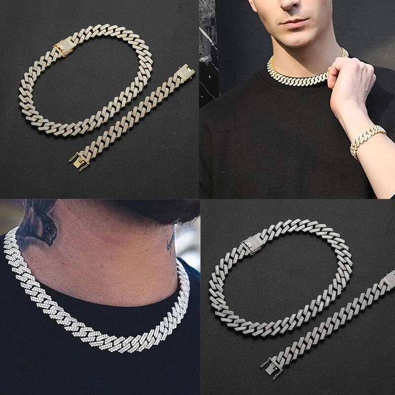 Iced Cuban Link Chain Necklace Rhinestone Hip Hop Thick Bling Drip Men Women ZF