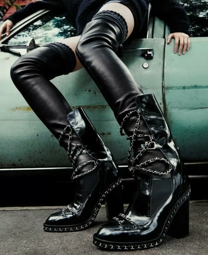 Chanel Thigh High Leather and Tweed Boots, 39