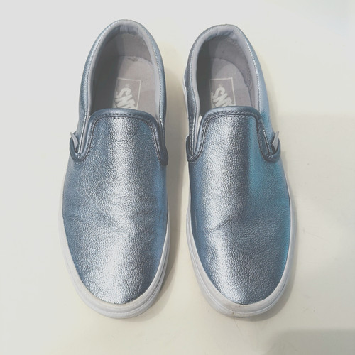 VANS Classic Silver Blue Metallic Slip On Sneaker Womens 7 Mens 5.5 Low Top