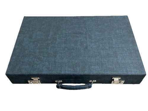New! Backgammon Set 21" Tournament Size Blue Leatherette Case Tan Field Marbled - Picture 6 of 7