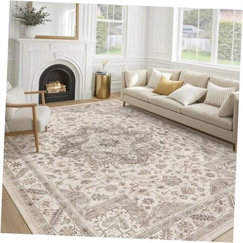 Vintage Living Room Area Rug 6x9 - Large Soft Washable 6' x 9' Light Brown