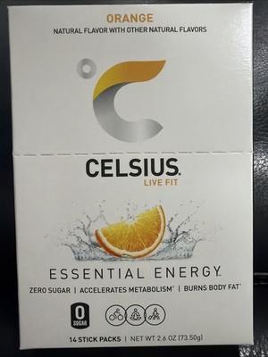 CELSIUS On-the-Go Powder Stick Zero Sugar (14 Sticks per Pack), Orange, 2.60 Oz