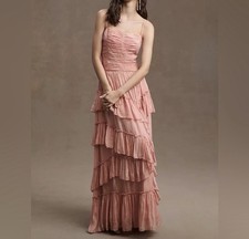 BHLDN Jessa Asymmetrical Metallic Tiered Ruffled Drop Waist Gown in blush size 