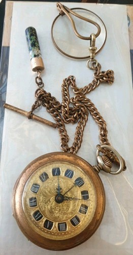 ANTIQUE G/F ALARM POCKET WATCH & CHAIN, 9CT GOLD BLACK OPAL FOB & READING GLASS