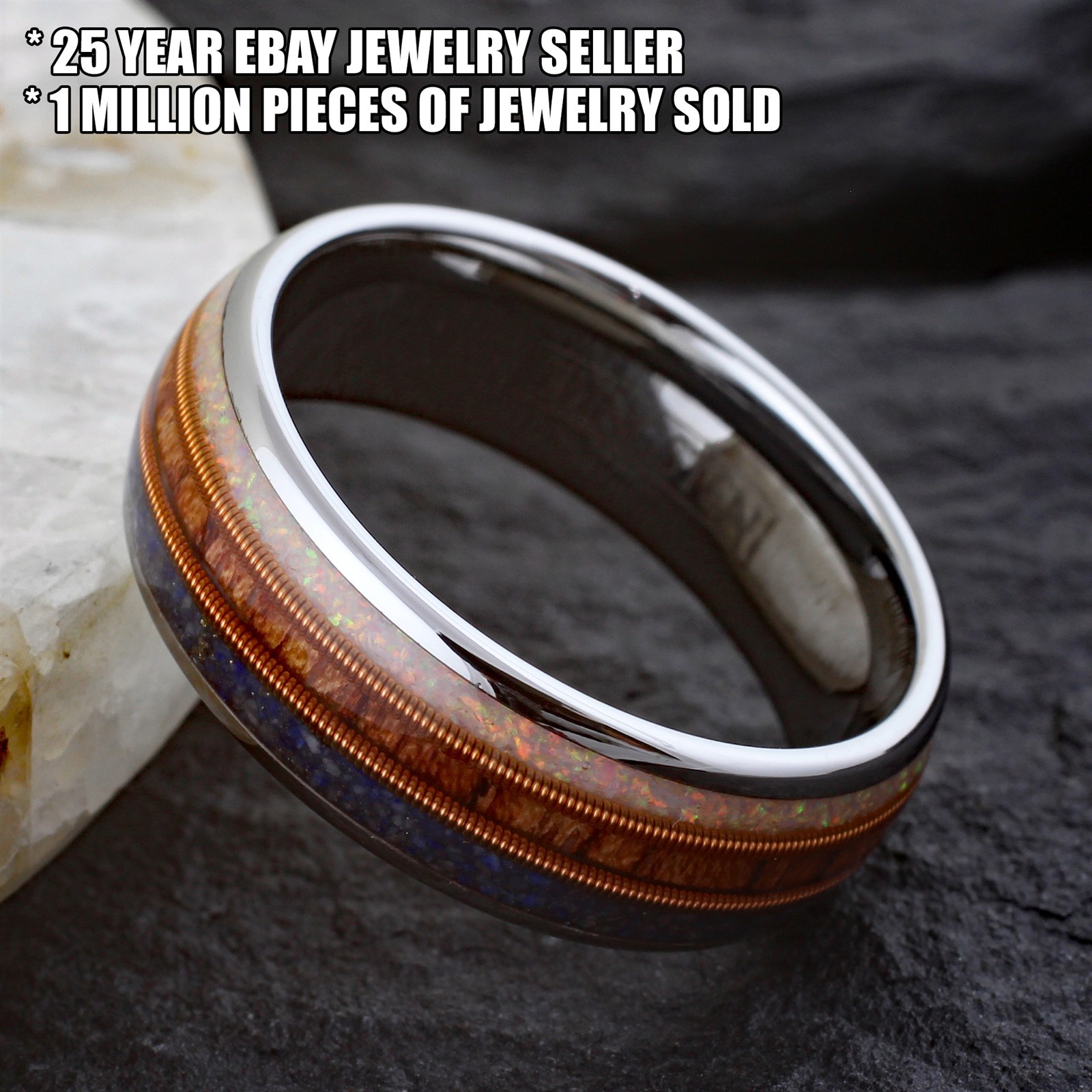 Tungsten Carbide Blue Lapis Rosewood & Opal with Guitar String Wedding Band Ring