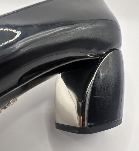 Prada Black polished leather Silver embellished block heel pumps EU 38 US 8 8.5 - Picture 6 of 16