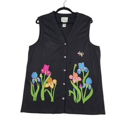 Quacker Factory Beaded Floral Vest Large (14/16) Black Iris Garden Button Up NEW