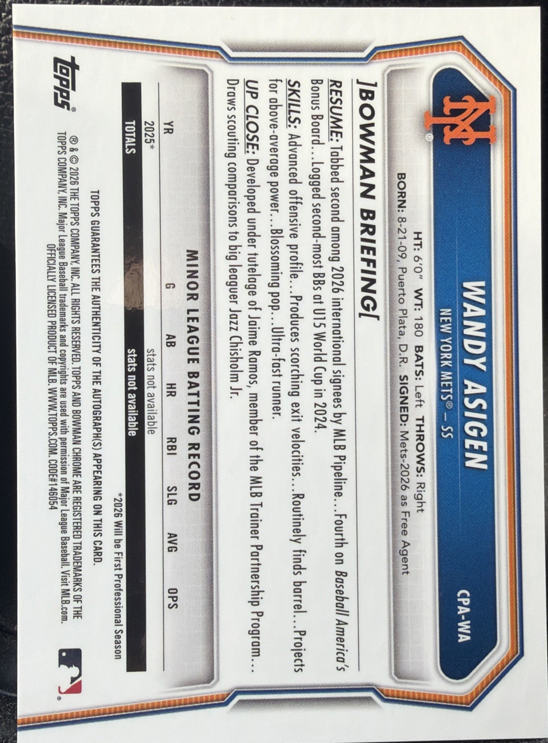Wandy Asigen 1st 2026 Bowman Chrome Auto New York Mets CPA-WA view 2