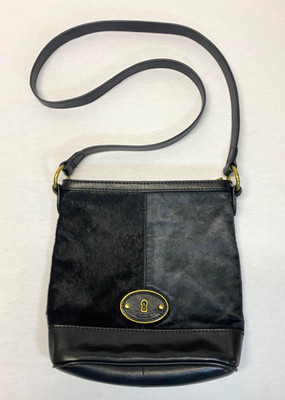 Vintage Fossil Purse Black Leather Cowhide Crossbody Shoulder Bag Western Design