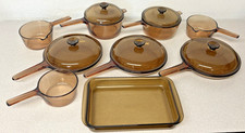 14 pcs Corning Ware Vision Amber Cookware Set 3 Skillets 5 Sauce Pans Casserole