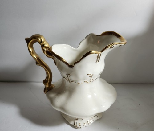 Hand Painted White With Gold Trim Wash Pitcher And Bowl - Picture 3 of 6