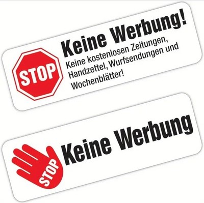 2x PVC Aufkleber STOP Keine Werbung & Kostenlose Zeitungen Anti-Werbung Sticker