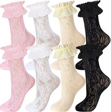 4 Pairs Lace Ruffle Frilly Socks for WomenLace Ankle Socks with Bow Ruffle Socks